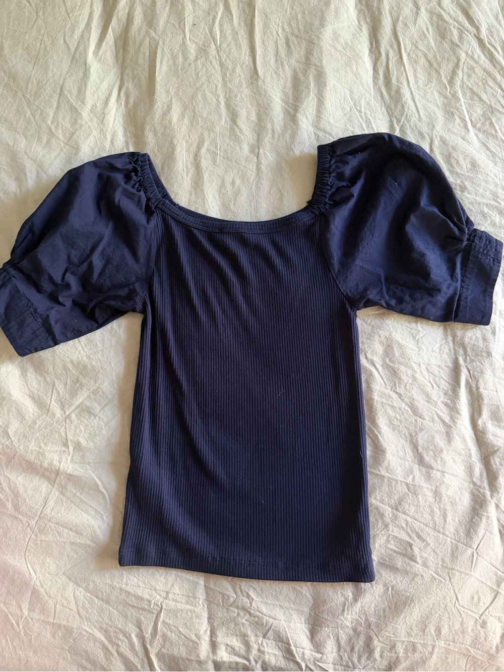 J. Crew Navy Ribbed Puff-Sleeve Square Neck Top - Picture 5 of 8